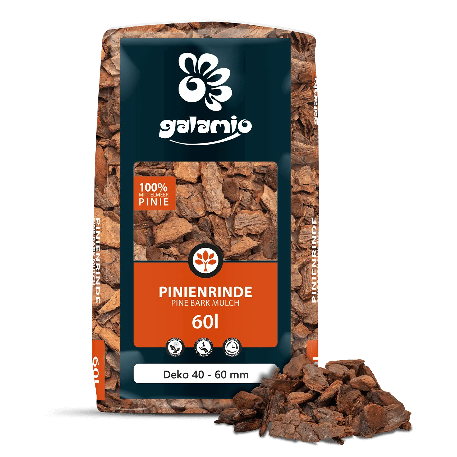 GALAMIO Pinienrinde Deko – Verpackung und Produkthaufen