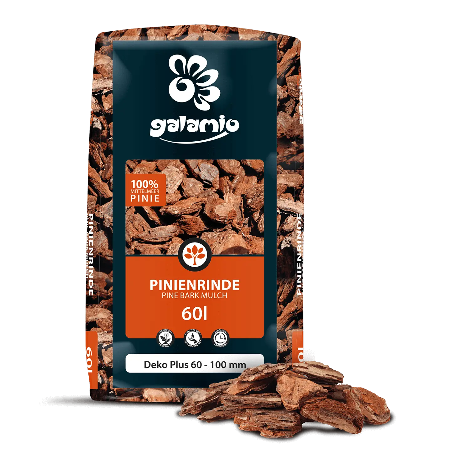 GALAMIO Pinienrinde DekoPlus – Verpackung und Produkthaufen